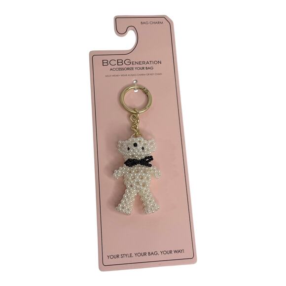 BcbGeneration Teddy Bear Bag Charm Pearls White Black Bow Handbag Key Ring New - Picture 5 of 9